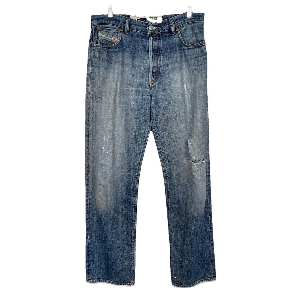 Diesel Jeans Men 34x33 Blue Denim Button Fly Distressed Straight Workwear Italy
